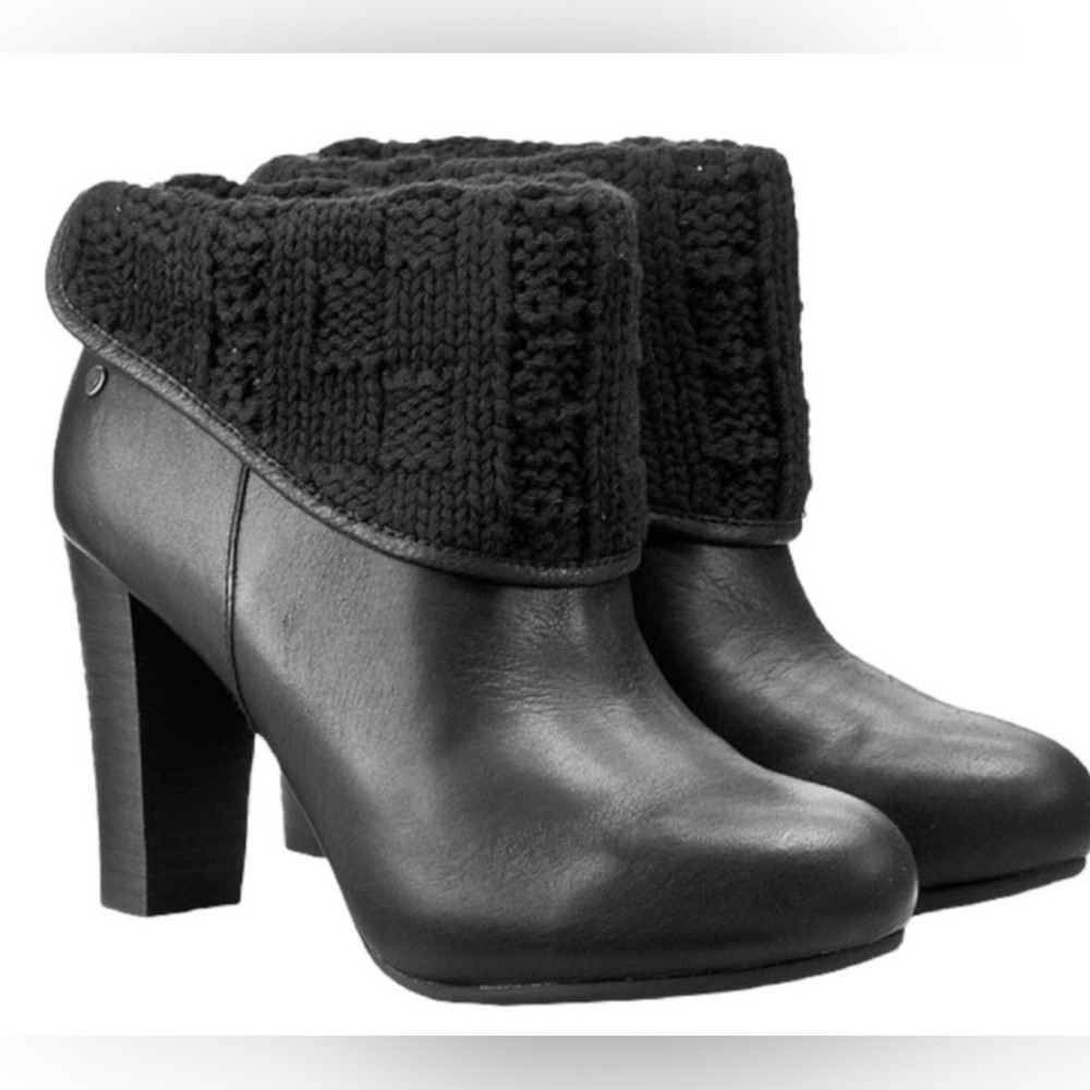 UGG Australia Dandylion Tres Black Leather Knit Ankle Boots Size 6.5